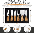 Harvest 6-Piece Cheese Knife Set (Gift-Ready) - Premium Stainless Steel Cheese Knives with Rivets, Full Tang Blades and Teak Wood Handle Charcuterie Board Accessories w/ 15 Festive Recipes