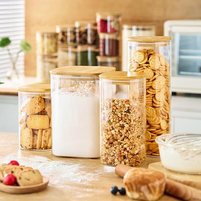 42oz - 4 Pack Square Glass Jars with Bamboo Lids, Glass Food Storage Containers with Airtight Lids for Kitchen, Air Tight Pantry Storage Containers for Cereal, Pasta, Rice, Sugar, Coffee, Spice
