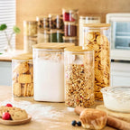 21oz - 4 Pack Square Glass Jars with Bamboo Lids, Glass Food Storage Containers with Airtight Lids, Air Tight Pantry Storage Containers for Coffee, Sugar, Spice, Meal Prep Jars for Salad & Fruit