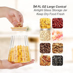 FANTESTICRYAN Glass Coffee Nuts Canister Airtight Storage Jar Petal Decorative Container with Bamboo Lid Metal Handle Easy to Grasp 1600ml, 54 FL OZ (Large Conical)