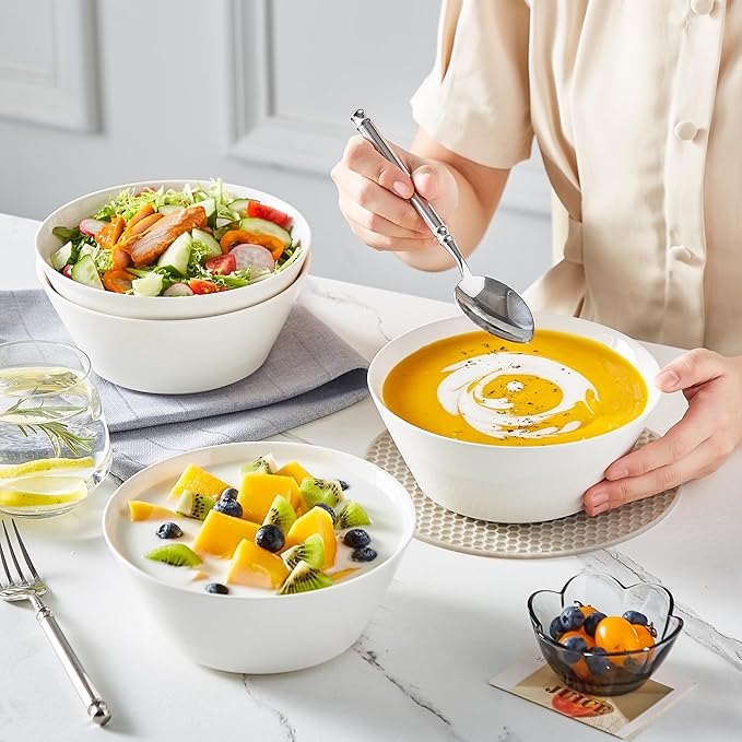 MALACASA 35 OZ Soup Bowls, White Porcelain Bowls Set of 4, Deep Bowls for Kitchen, Large Ceramic Bowls for Soup, Cereal, Salad, Ramen and Fruit, Dishwasher & Microwave Safe, Series Regular