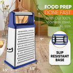 Spring Chef Stainless Steel XL Parmesan Cheese Grater with Handle - 4 Sided Metal Box Grater for Kitchen - Dishwasher Safe Potato Shredder for Hash Browns, Potato, Carrot, Vegetables - Sapphire