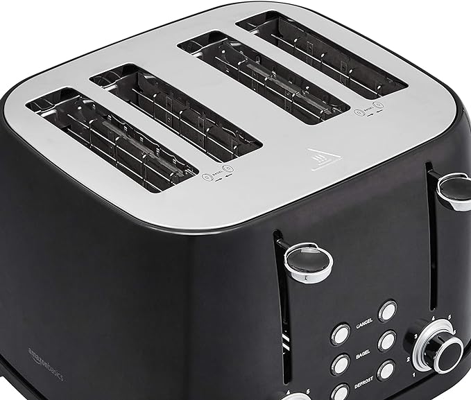 Amazon Basics 4 Slice Toaster, 6 Browning Settings, Removable Crumb Tray, Bagel and Defrost Function, Cancel Button, 1600W, Black