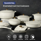 Tramontina Bestow Enameled Cast Iron Dutch Oven Pot with Lid, Round 5.5-quart, Latte with Gold Knob