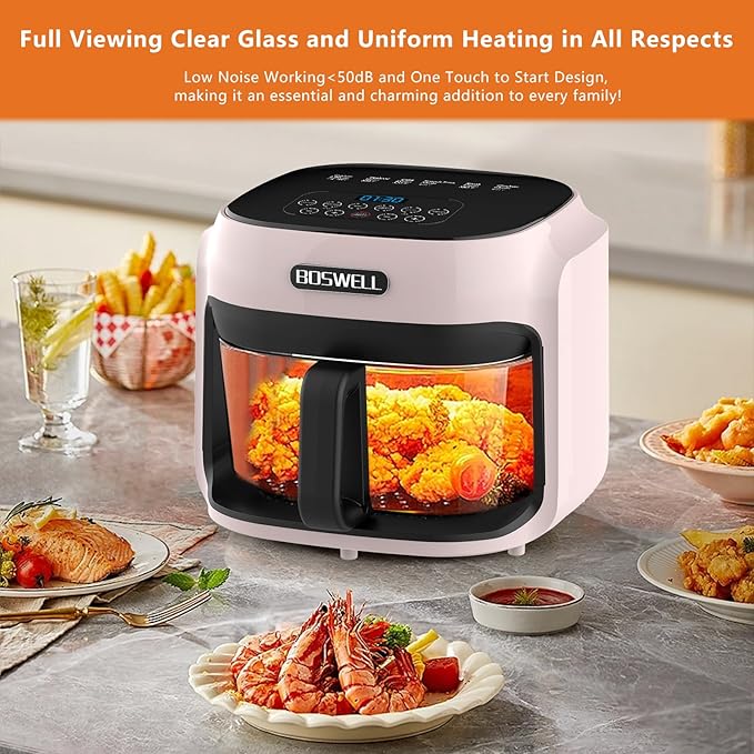 BOSWELL Glass Air Fryer, 7.5 QT with Transparent Fry Bowl, Circulating Heating, Temperature Control, Stainless Steel Air Fryer Roast, Dishwasher Safe (Pink)