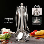 18/10 Stainless Steel Cooking Utensils Set with Holder, 7-Pieces All Metal Kitchen Utensils, 15’’ Long Kitchen Tools with Countertop Rotating Stand, Spatula, Ladle, Skimmer, Tunner, Pasta, Large Spoon