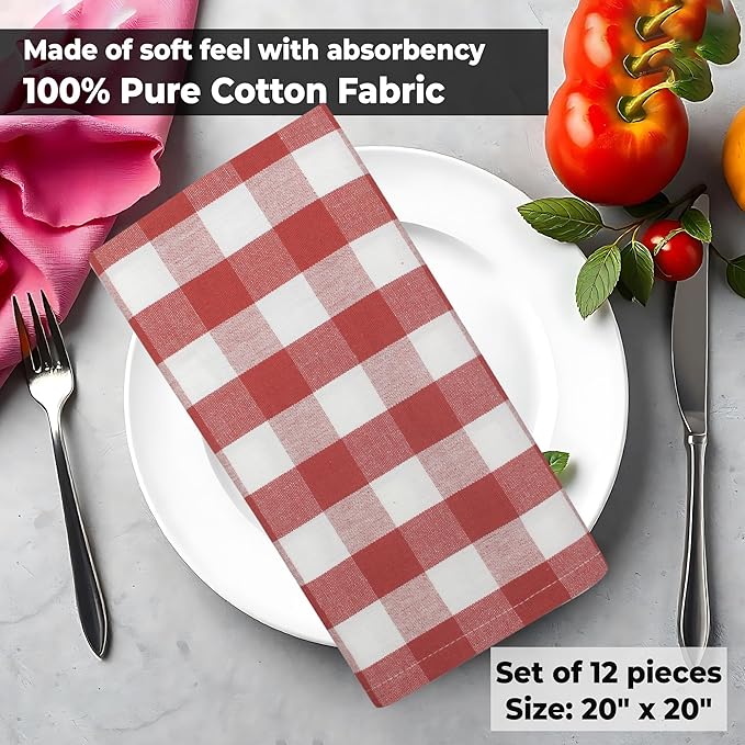 Urban Villa Cloth Napkins Rust Checks Dinner Napkins Set of 12 20X20 100% Cotton Absorbent Washable Durable Reusable Cloth Napkins Ideal for Farmhouse Party Thanksgiving Harvest Fall Dinner Napkins