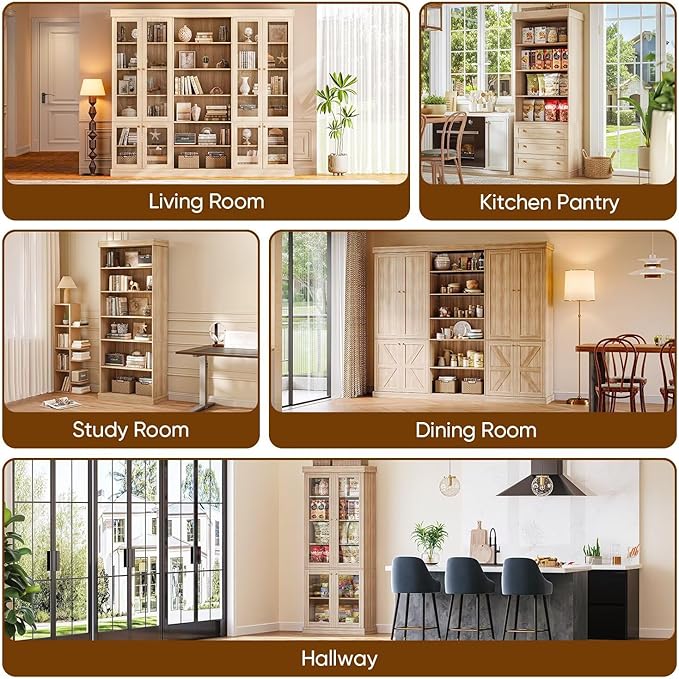 70.8" Tall Brown Bookshelf, Farmhouse Modular Bookcase with 6-Tier Adjustable Shelves, Large Storage Cabinet for Home Office, Living Room, Set of 2