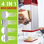 Spring Chef Professional Red 10" Parmesan Cheese Grater With Container, Stainless Steel & Soft Grip Handle, 4 Sided Kitchen Carrot Shredder, Handheld Box Grater for Potato, Veggie, Ginger, Hashbrown