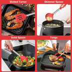 E-far Silicone Cooking Utensils Set, 7 Pcs Heat Resistant Kitchen Utensils with Stainless Steel Handle, Slotted Turner, Spoon, Soup Ladle, Pasta Server, Skimmer, Tongs for Nonstick Cookware, Red
