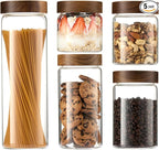 Glass Canister Set of 5 with Acacia Wood Lids Airtight Food Storage Jars for Kitchen Pantry Organization Containers for Spaghetti, Flour, Sugar, Coffee, Tea, Overnight Oats Yogurt More