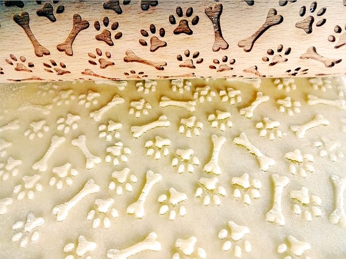 PAW and BONE EMBOSSING ROLLING PIN LASER ENGRAVED PATTERN with PAWS and BONES for EMBOSSED COOKIES or PASTA