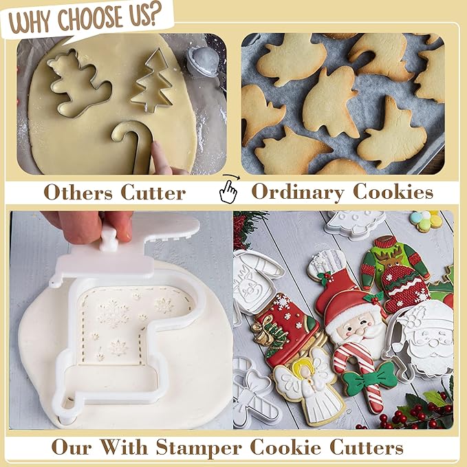 Flycalf Christmas Cookie Cutters Bulb Shapes with Plunger Stamps Holiday PLA Baking Accessories Cutter Molds Gifts Decorative Party 3.5" Kitchen Cake Supplies