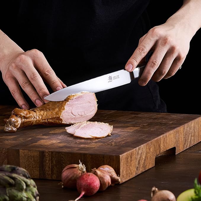 KYOKU 8 Inch Carving Knife - Daimyo Series - Meat and Fruit Slicing Knife with Ergonomic Rosewood Handle, & Mosaic Pin - Japanese 440C Stainless Steel Kitchen Knife with Sheath & Case