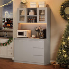 Garvee Kitchen Pantry Cabinet,71 in Tall Storage Cabinet with Doors&Shelves Adjustable, Kitchen Storage Hutch with Microwave Shelf, Led Lights&Charging Station,Corner Pantry Cabinet