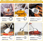 E-far 6-Piece Cooking Utensils Set, Stainless Steel Kitchen Utensils, Metal Heat Resistant Kitchen Tools Set Including Spoon, Soup Ladle, Slotted/Solid Turner, Skimmer, Pasta Server, Dishwasher Safe