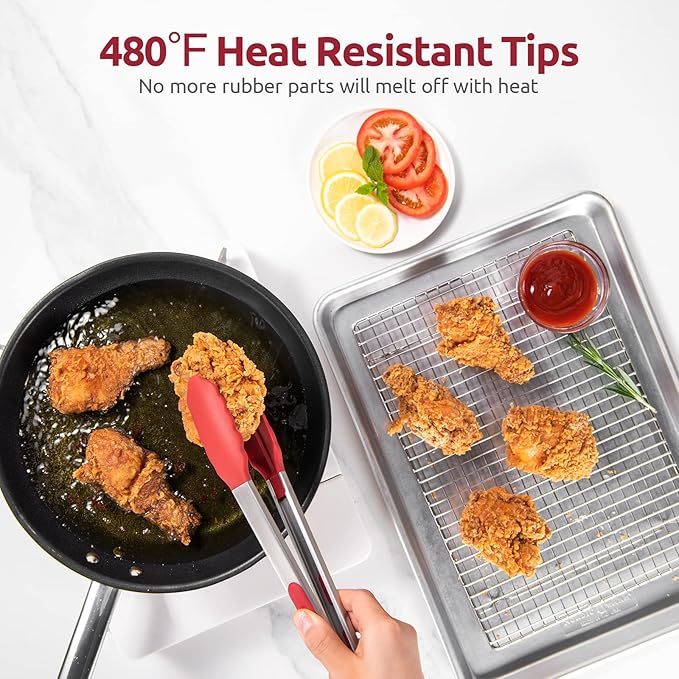 Heat Resistant Silicone Kitchen Tong: U-Taste 12 inch Large 480ºF Hot Proof Cooking Tong with Sturdy Non Stick Rubber Tips & Silicon Coated Steel Handle & Smooth Locking for Serving Grill Salad (Red)