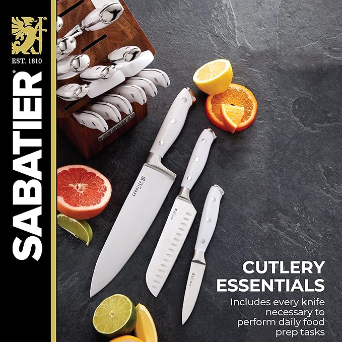 Sabatier Forged Triple Rivet Built-In Edgekeeper Sharpener, 18-Pieces, High-Carbon Stainless Steel Kitchen Knives, Razor-Sharp Knife set with Acacia Wood Block, White