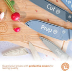 MasterChef Kitchen Knife Set with Covers, 6 Professional Chef Knives for Home Kitchens, Extra Sharp Cutting Stainless Steel Blades & Protective Sheaths, Soft-Touch Easy-Grip Handles, Nordic Blues
