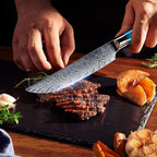 SENKEN Damascus Steak Knife Set - Tsunami Collection - 67-Layer Japanese VG10 Steel - Razor Sharp Non-Serrated Blades, Blue Resin & Natural Wood Pattern Handles, Luxury Gift Box (8 Steak Knife Set)