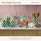 MACKENZIE-CHILDS Enamel Squashed Pot, Cute Enameled Container with Lid, 20 Ounces, Green-and-White Emerald Check