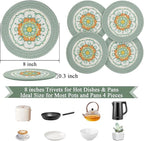 SHACOS Sage Green 8 Inches Trivets for Hot Dishes, 4 Pieces Cotton and Felt Floral Pattern Trivet Mats for Kitchen, Hot Pads for Countertops, Table, Heat-Resistant Pot Holders for Hot Pots and Pans