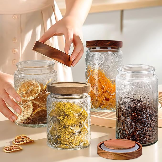 34 OZ Glass Storage Jar with Airtight Bamboo Wooden Lids, Vintage Food Containers Canisters Sets for Kitchen Counter Pantry, Sugar, Flour, Candy, Tea, Coffee Beans, Oats, Grain Bin, Pasta, Cereal
