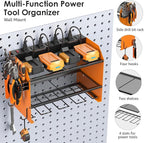 CCCEI Modular Power Tool Organizer Wall Mount with Charging Station. Garage Drill Storage Shelf with Hooks, Heavy Duty Rack, Tool Battery Holder Built in 8 Outlet. Gift for Men. Orange, 2 Pack.