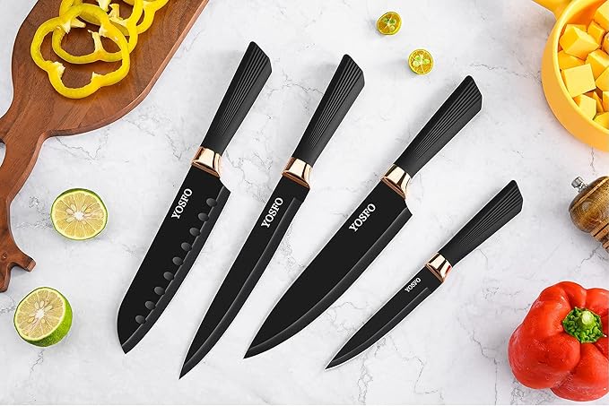 Kitchen Knife Sets with Block and Sharpener, 17Pcs Stainless Steel Knife Set includes Serrated Steak Knives Set, Chef Santoku Knives, Scissor, Knife Holder (Black Knife Set with Block)