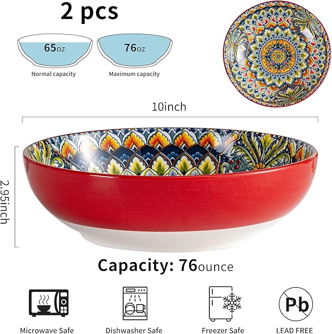 Red & Blue Large Serving Bowls Set of 2, Bohemian Style 10" Large Ceramic Bowls for Entertaining and Party, Bowls for Pasta Soup Fruit Ramen Cereal, Dishwasher Oven Safe