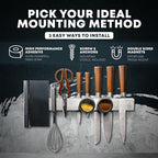 16" Adhesive Magnetic Knife Holder for Wall (No Drill) with 2x Storage - Safe, Patented Storage Design - Stainless Steel Magnet Knife Holder Strip - Magnetic Kitchen Organizer, Tool Storage