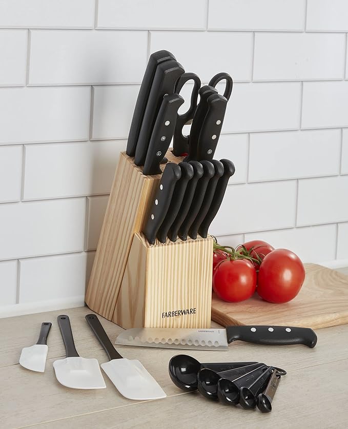 Farberware 22-Piece Never Needs Sharpening Triple Rivet High-Carbon Stainless Steel Knife Block and Kitchen Tool Set, Black, Durable ANDPrecision Cutlery