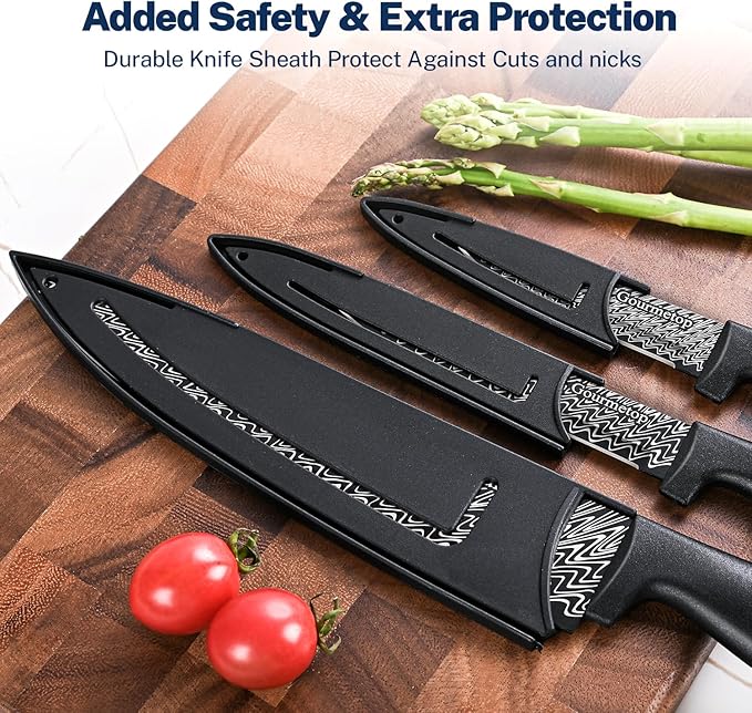 Kitchen Knife Set with Cover 3 Pcs, Black Chef Knife Set for Cooking, Sharp Kitchen Knives with Sheath, 8'' Chef Knife, 5'' Utility, 3.5'' Paring, Damascus Pattern Kitchen Knife for Cutting