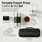 Camping French Press Coffee Maker Set - 12 oz | Portable Travel French Press Coffee Maker | Double Wall Insulated with Dual Stainless Filters & 2 Steel Canisters for Grounds, Tea, Creamer & Sugar