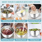 TeamFar Mixing Bowls, Stainless Steel Nesting Salad Bowls with Lids Set of 3 & 3 Grater Attachments, For Mixing/Serving/Storing, Non-toxic & Long-lasting, Size 4.6/3 / 1.5 QT, Navy Blue