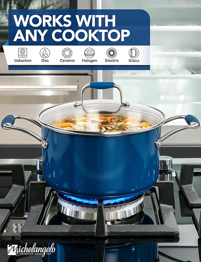 MICHELANGELO Stainless Steel Stock Pots - Induction Soup Pot with Lid, 6 Qt Non-Toxic Cooking Pot, Oven & Dishwasher Safe, Blue Exterior