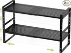 Expandable Stackable Aadjustable Shoe Rack Pantry Shelf for Kitchen Cabinets Counter Shelves Countertop Cupboard Storage Solution,Sturdy Heavy-Duty Metal Construction(2Packs/Black/Large)