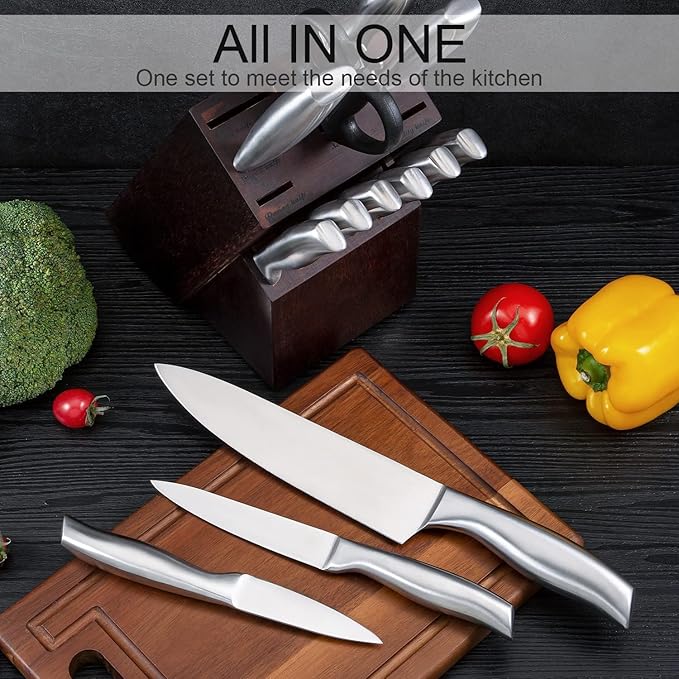 Knife Set, 14 Pieces Kitchen Knife Set with Wood Block, Chef Knife with 6 Pieces Serrated Steak Knives, High Carbon Stainless Steel Knife Sets for Multipurpose Cooking