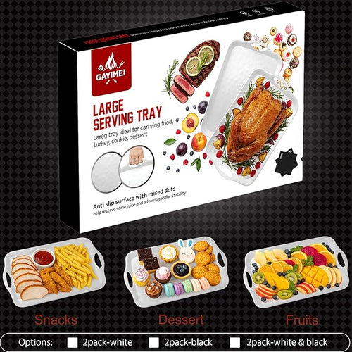 20" x 13" Large Serving Platters for Turkey, Cookie, Cupcakes, Gift Ready Melamine Serving Tray with Handles for Party Entertaining, Raised Dots & Matt Finish, Set of 2, Black