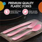 Party Solids Pink Plastic Silverware Heavy Duty 300 Pieces Pink Plastic Cutlery Sets, Utensil Sets, 100 Of Each Forks, Knives & Spoons Disposable Cutlery Set, Flatware Set For Party Supplies