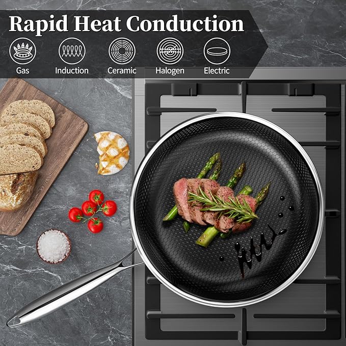 Innerwell Nonstick Frying Pans 9.5 Inch Hybrid Tri-Ply Stainless Steel Frying Pans Titanium Ceramic Nonstick Cooking Pan,PFAS/PFOA/PTFE Free,Compatible with All Cooktops