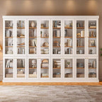 70.8" Bookshelf with Glass Doors, Farmhouse Modular Bookcase with 6-Tier Adjustable Shelves, Large Storage Cabinet for Living Room & Home Office, Set of 2, White