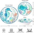 LEHAHA 12-Piece Melamine Beach Dinnerware Set, Coastal Plates and Bowls Sets, Oceanic Sea Life Dish Sets for 4, Great for Indoor Outdoor Dining on the Beach, RV, Camping or Cabin