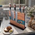 FINDKING Magnetic Knife Block, Double Sided Holder, Powerful Magnet Kitchen Storage, Acacia Wood and Blue Resin (12 x 10 Inches, Without Knives)