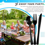 Minatee 150 Pieces Disposable Cutlery Set Plastic Silverware Heavy Duty Utensil Sets 50 Forks 50 Knives 50 Spoons for Home Office School Party Picnics Restaurant Outdoor Events(Black)