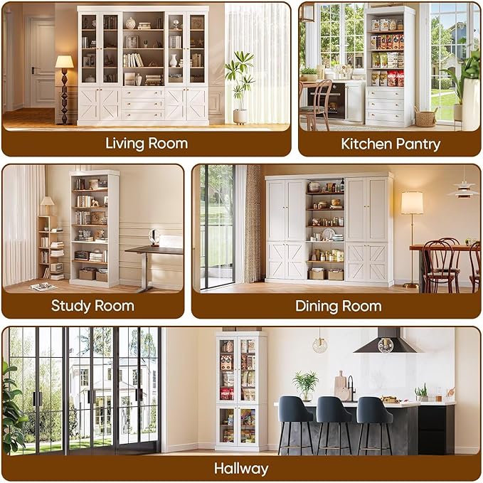 70.8" Tall Farmhouse Kitchen Pantry Cabinet, Modular Storage Cabinet with 6-Tier Adjustable Shelves, White, Wooden Hutch for Living Room, Kitchen, Set of 4