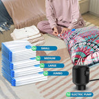 15 Pack Vacuum Seal Bag for Clothing with Electric Air Pump,Space Saver Vacuum Storage Bags for Clothes,Mattress, Blanket, Duvets, Pillows(3 Jumbo/3 Large/3 Medium/6 Small Bags)