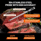 Wireless Meat Thermometer with Smart Timer & APP Control, 800ft Bluetooth Grill Food Thermometer - 0.19In-Ultra Thin Probe, ±0.5℉ Accuracy, Digital Backlit Screen for BBQ, Oven, Smoker, Kitchen