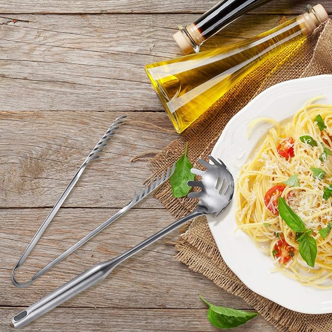 Patelai 2 Pcs Stainless Steel Pasta Spoon with Teeth Large Spaghetti Utensil, 9.4'' Tong and 13.6'' Pasta Fork with Vacuum Handle, Comfortable Grip Design Spoons for Kitchen(Sliver)