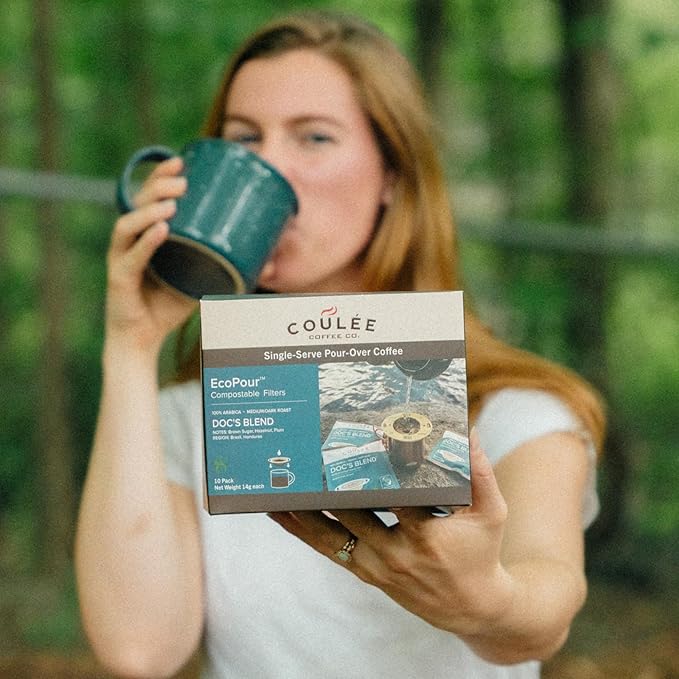 Coulée EcoPour She Devil Coffee, Single Serve Arabic Coffee, Medium Roast, Use for Camping or Traveling, Pre Filled Compostable Filters, Ready to Brew with Hot Water, 10 Pack
